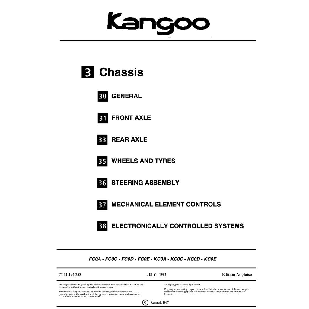 RENAULT KANGOO I X76 KC/KW (1997-2007) SERVICE WORKSHOP MANUAL