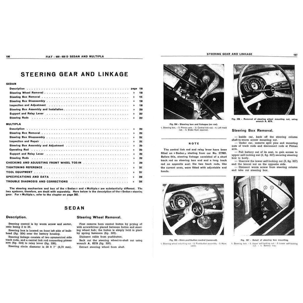 FIAT 600 SEDAN & MULTIPLA (1955-1969) SERVICE WORKSHOP MANUAL + INSTRUCTION MANUAL + PARTS LIST