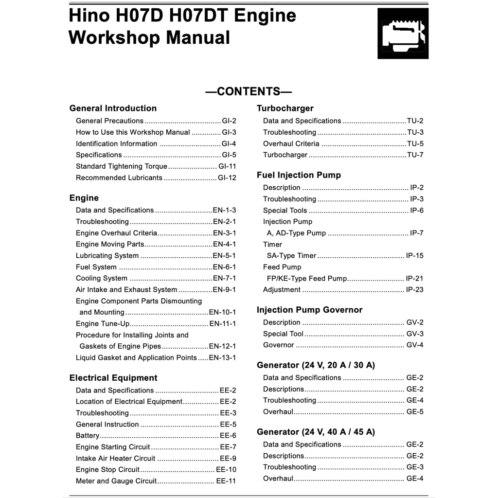 HINO ENGINE H07D /H07D-T WORKSHOP SERVICE REPAIR MANUAL