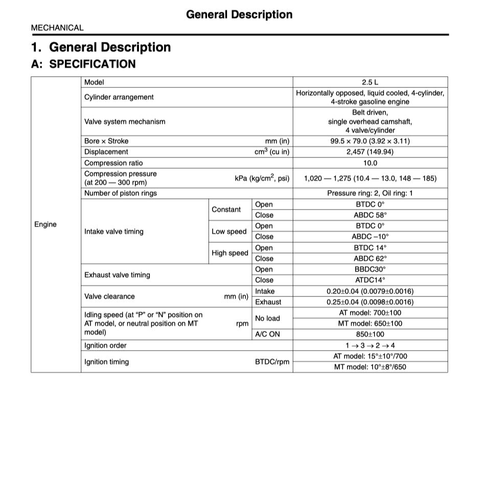 SUBARU IMPREZA GE/GH (2008-2011) SERVICE WORKSHOP MANUAL