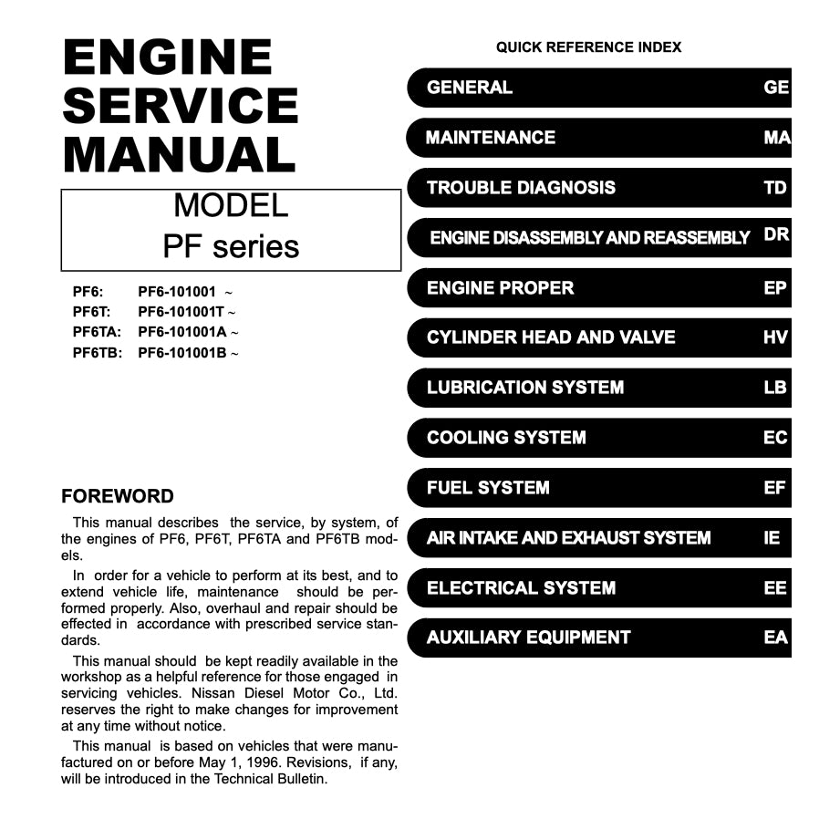 NISSAN UD DIESEL ENGINE PF6/PF6T/PFT6TA/PF6TB/PF6TC SERVICE REPAIR MANUAL
