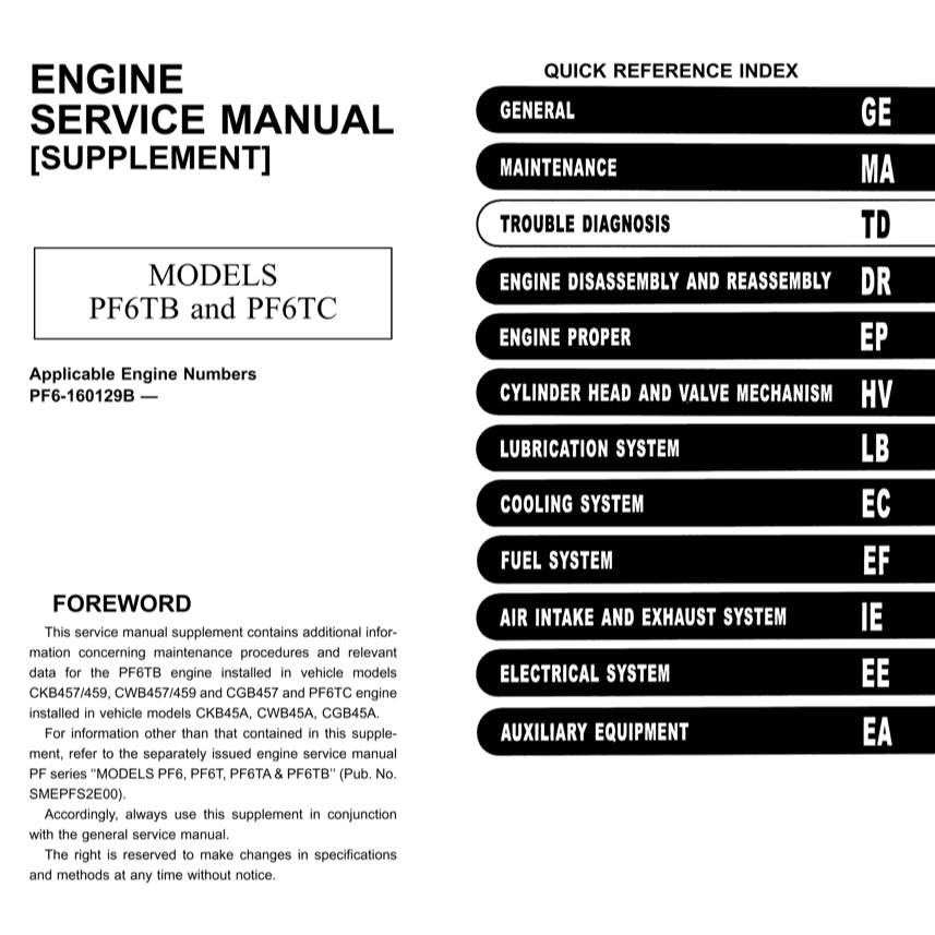NISSAN UD DIESEL ENGINE PF6/PF6T/PFT6TA/PF6TB/PF6TC SERVICE REPAIR MANUAL