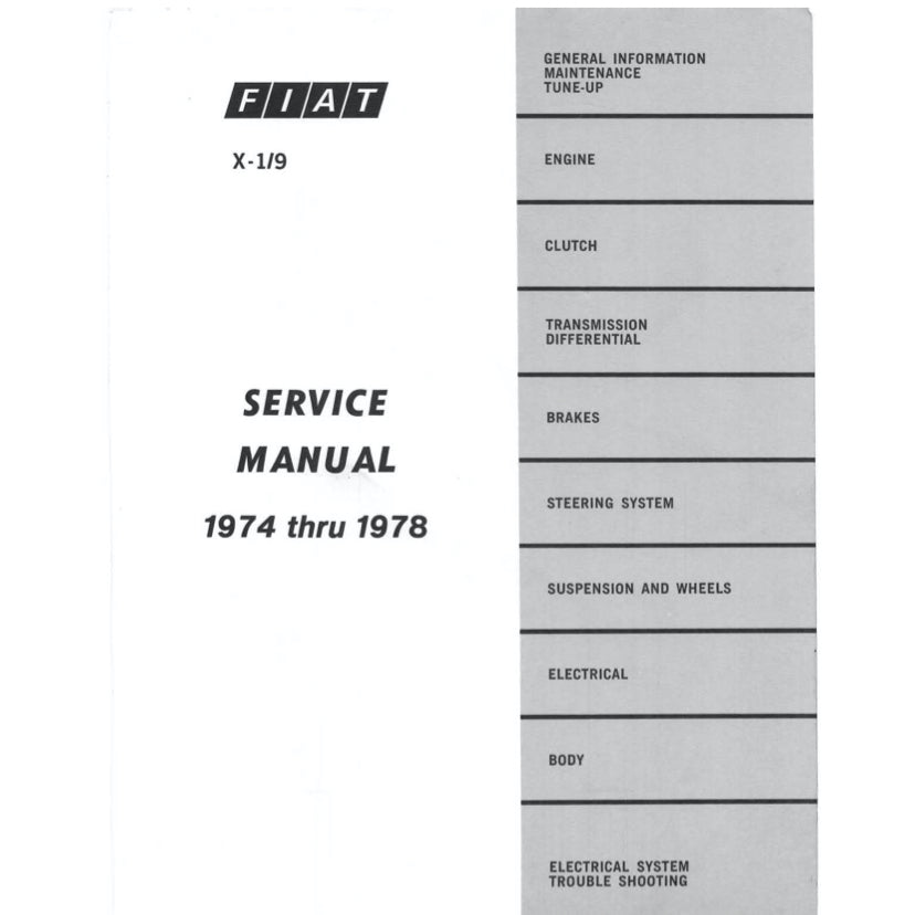 FIAT X-1/9 (1974-1989) SERVICE WORKSHOP MANUAL + PARTS CATALOGUE