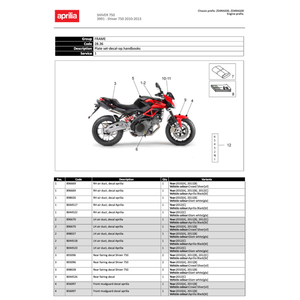 APRILIA SHIVER SL750 (2007-2016) SERVICE WORKSHOP MANUAL + PARTS CATALOGUE + OWNER'S MANUAL