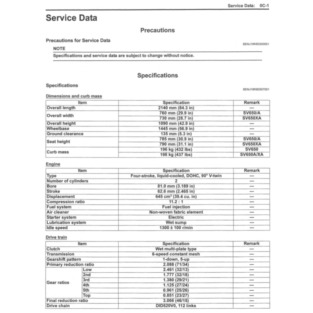 SUZUKI SV650 SV650/A/XA "L7-L9" (2017-2023) SERVICE WORKSHOP MANUAL + PARTS CATALOGUE + OWNER'S MANUAL