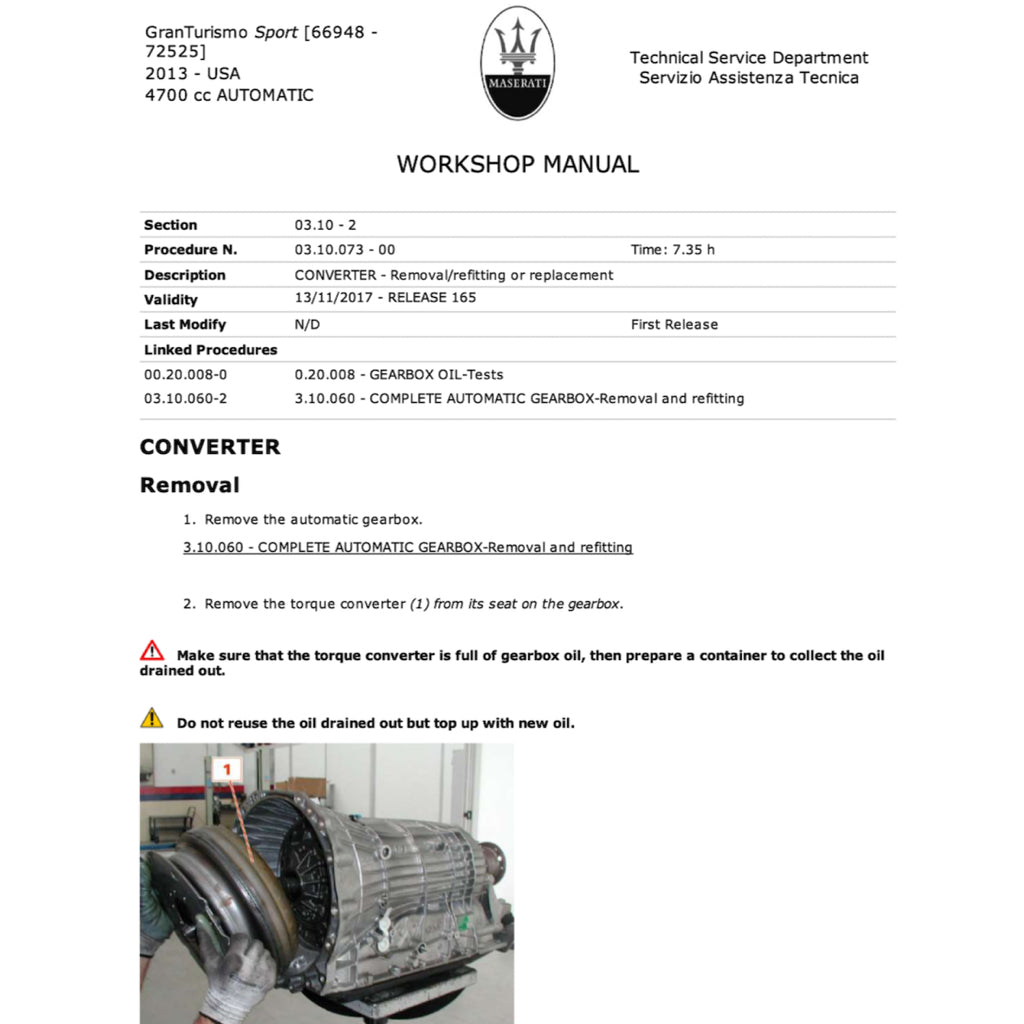 MASERATI GRANTURISMO SPORT M145 (2007-2019) SERVICE WORKSHOP MANUAL