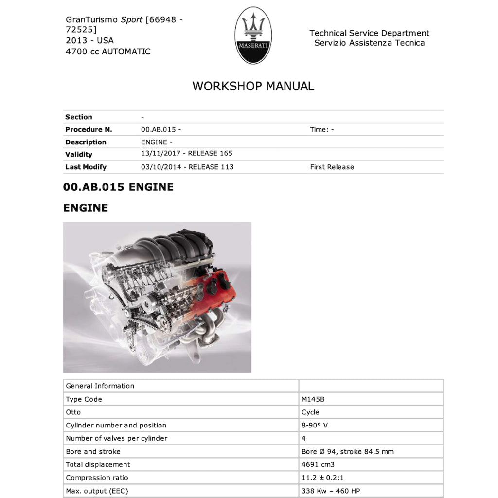 MASERATI GRANTURISMO SPORT M145 (2007-2019) SERVICE WORKSHOP MANUAL