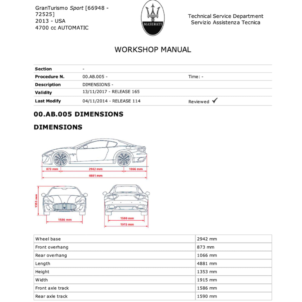 MASERATI GRANTURISMO SPORT M145 (2007-2019) SERVICE WORKSHOP MANUAL