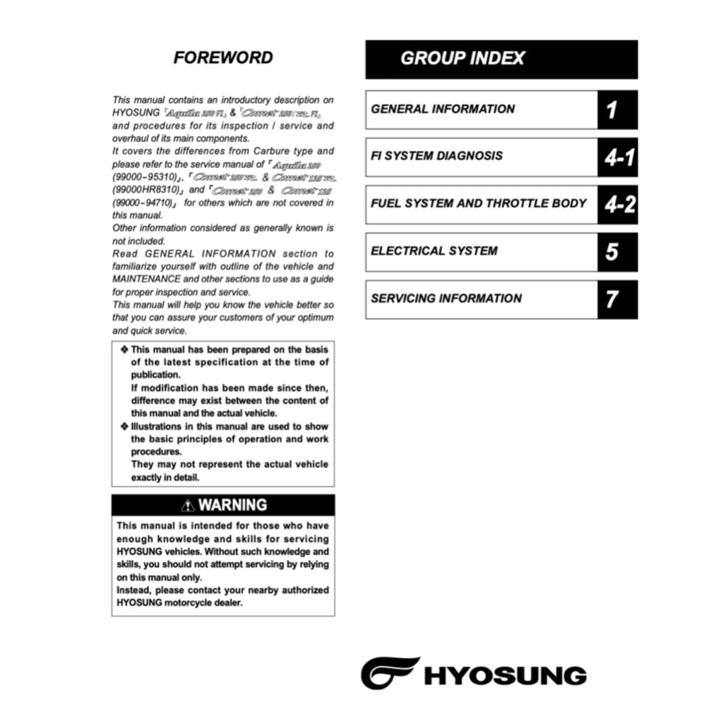 NAZA BLADE / HYOSUNG COMET 250R FI (2012-2018) SERVICE WORKSHOP MANUAL + OWNER'S MANUAL