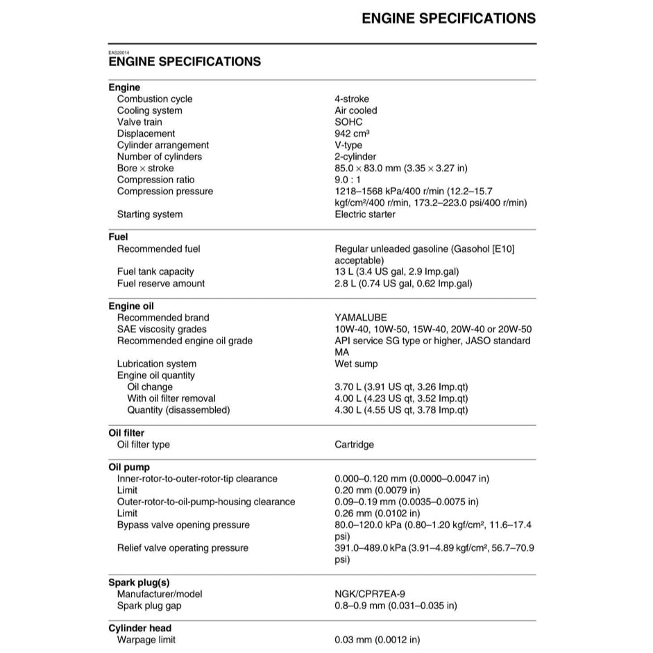 YAMAHA BOLT R-SPECS XVS95CH (2016-2021) SERVICE WORKSHOP MANUAL + OWNER'S MANUAL