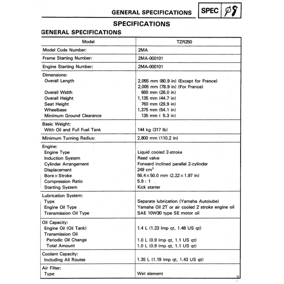 YAMAHA TRZ250 2MA 3MA (1986-1995) SERVICE WORKSHOP MANUAL + PARTS CATALOGUE +OWNER'S MANUAL ENGLISH/JAPANESE
