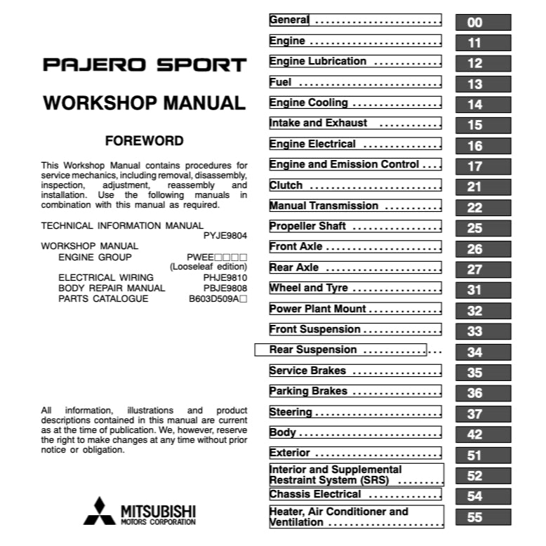 MITSUBISHI PAJERO SPORT (1996-2008) SERVICE WORKSHOP MANUAL