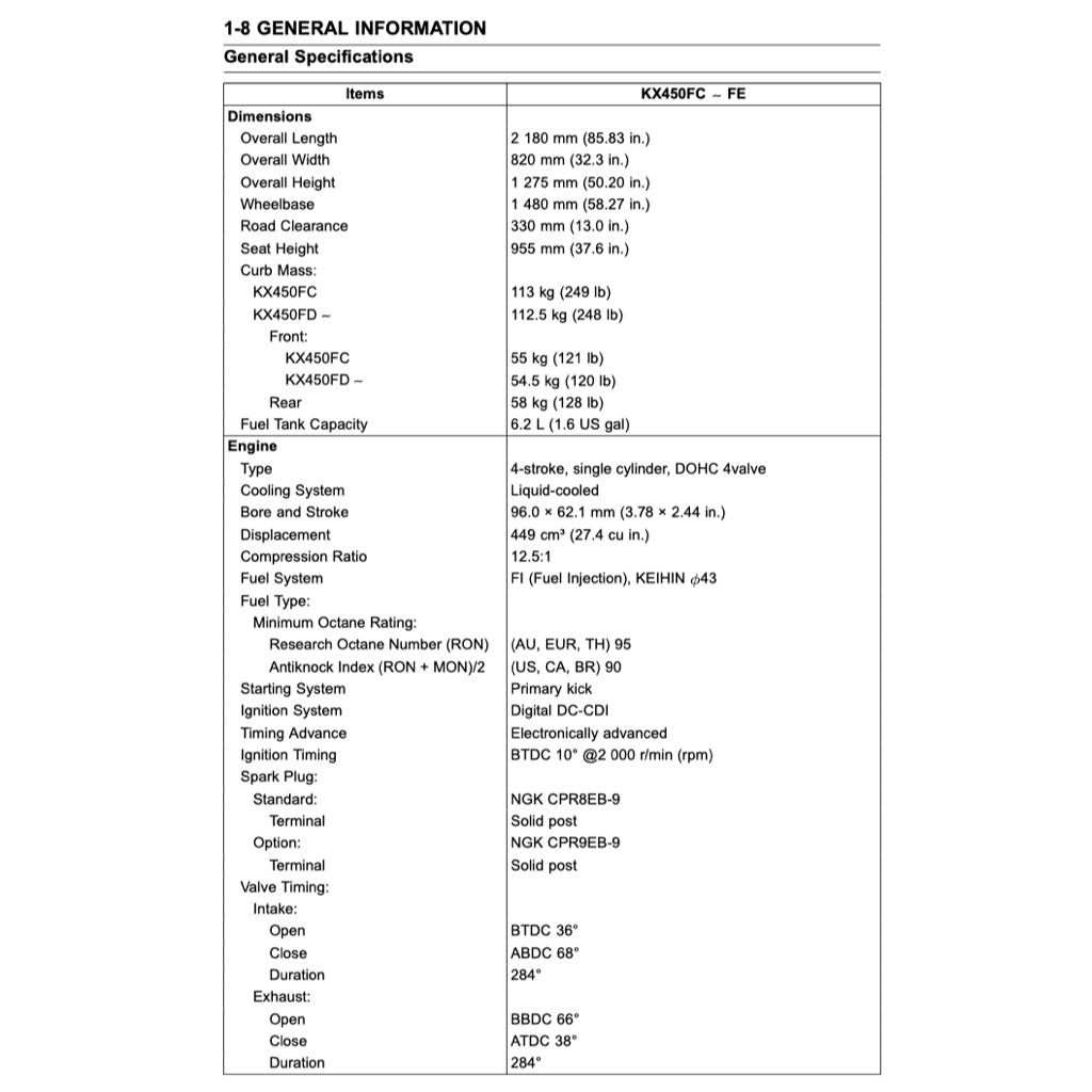 KAWASAKI KX450 F (2011-2014) SERVICE WORKSHOP MANUAL + OWNER'S MANUAL
