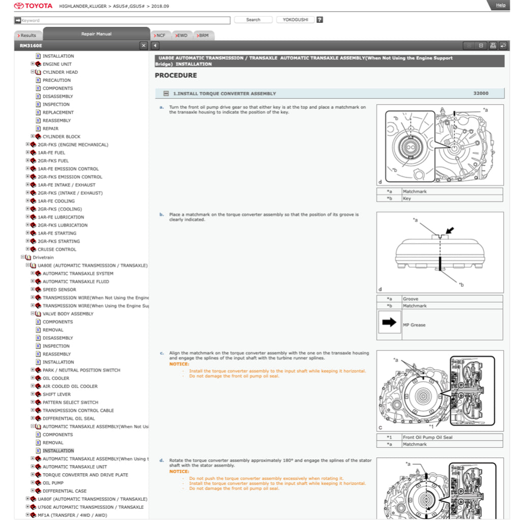 TOYOTA HIGHLANDER /KLUGER ASU50/GSU50 (2013-2019) ONLINE SERVICE WORKSHOP MANUAL