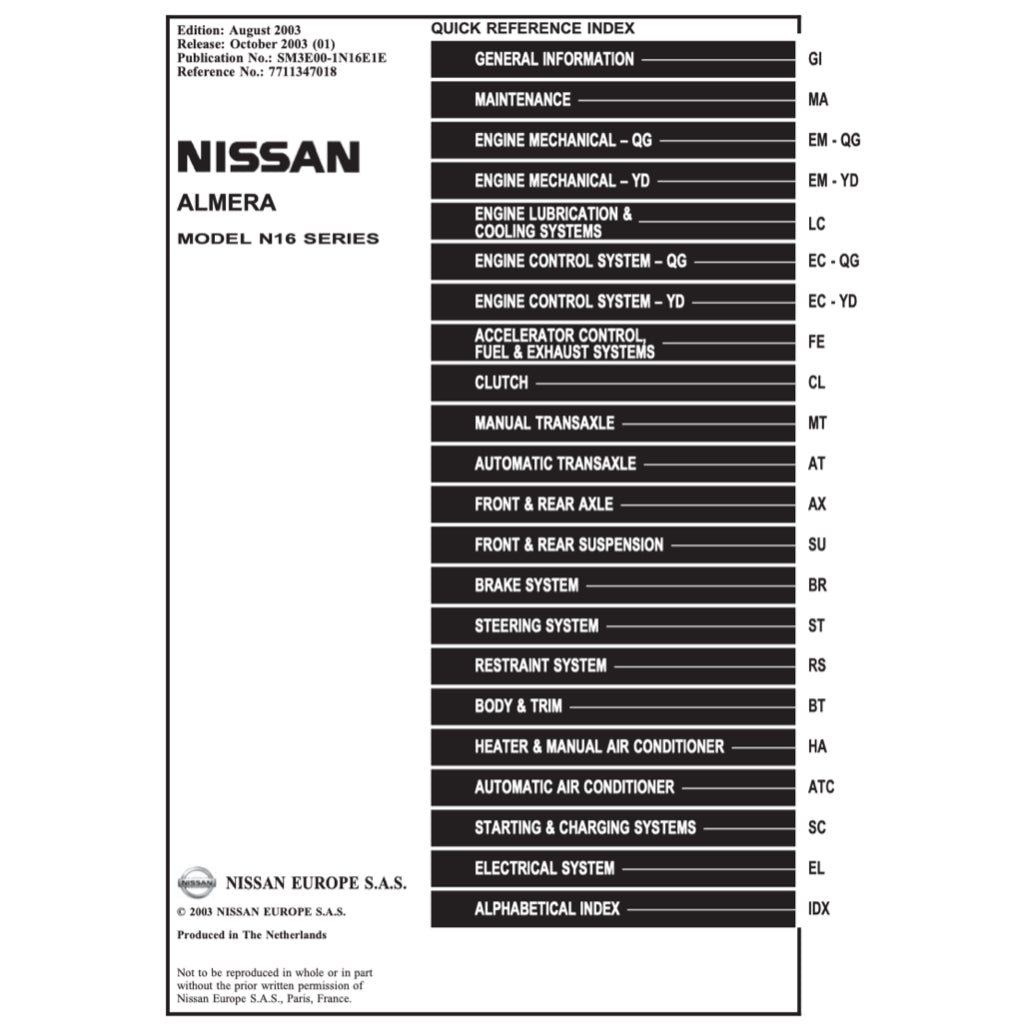 NISSAN ALMERA N16 (2000-2008) SERVICE WORKSHOP MANUAL