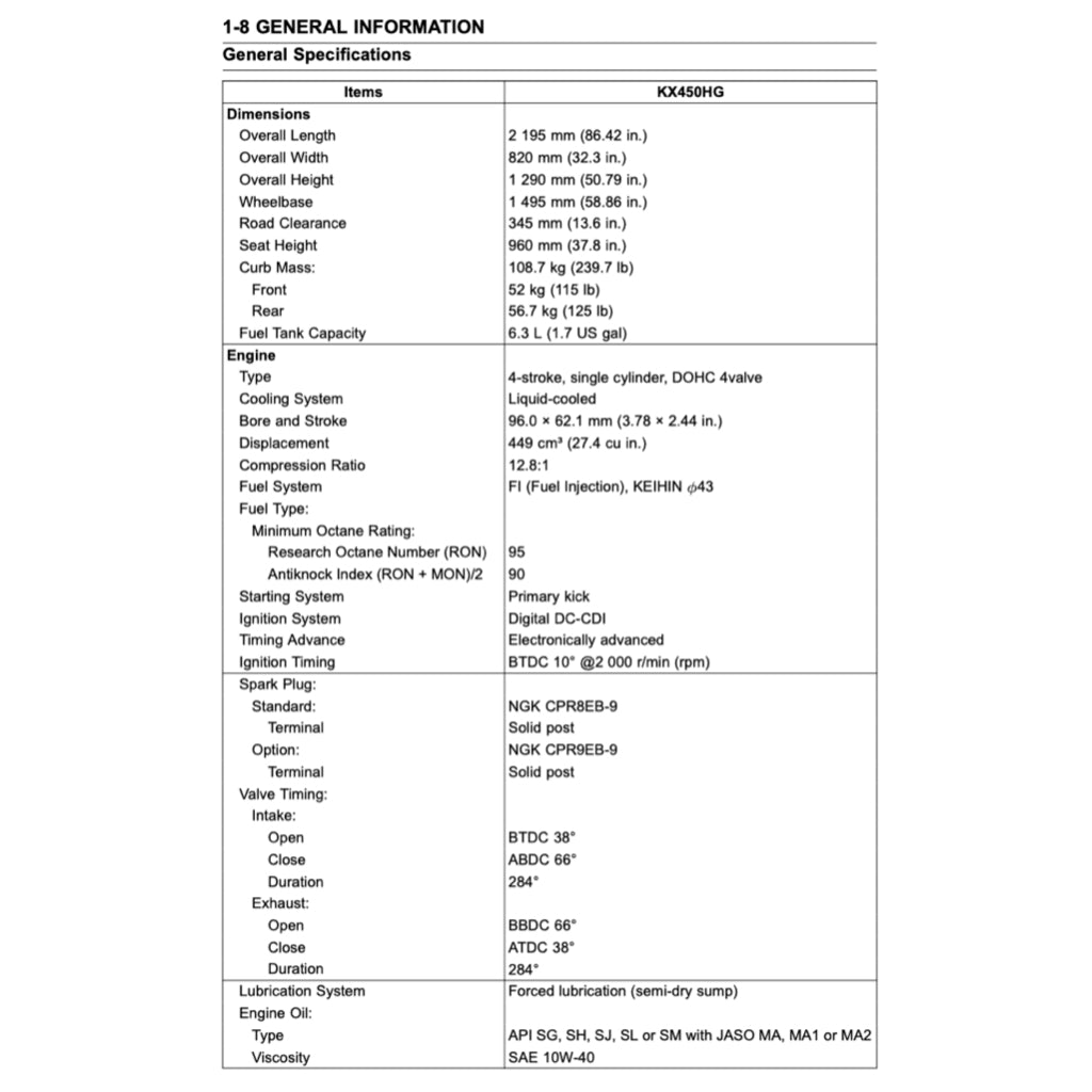 KAWASAKI KX450 F (2015-2018) SERVICE WORKSHOP MANUAL + OWNER'S MANUAL