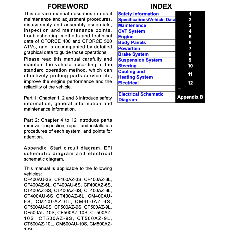 CFMOTO CFORCE TOURING / L 400/450/500/520 (2024+) ATV SERVICE WORKSHOP MANUAL + OWNER'S MANUAL