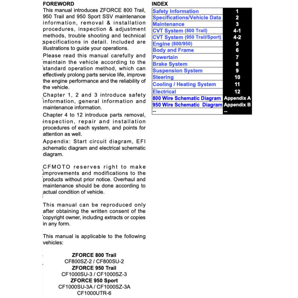 CFMOTO Z-FORCE ZFORCE (2023) ATV SERVICE WORKSHOP MANUAL + OWNER'S MANUAL