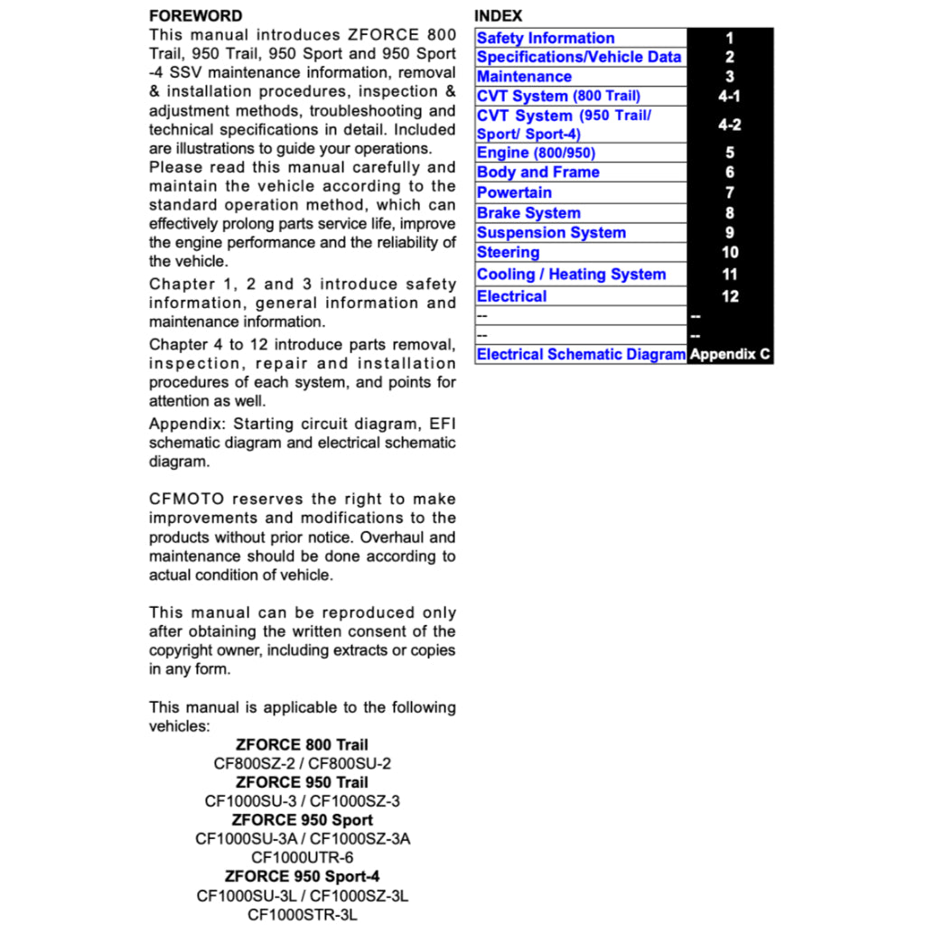 CFMOTO Z-FORCE ZFORCE (2024) ATV SERVICE WORKSHOP MANUAL + OWNER'S MANUAL