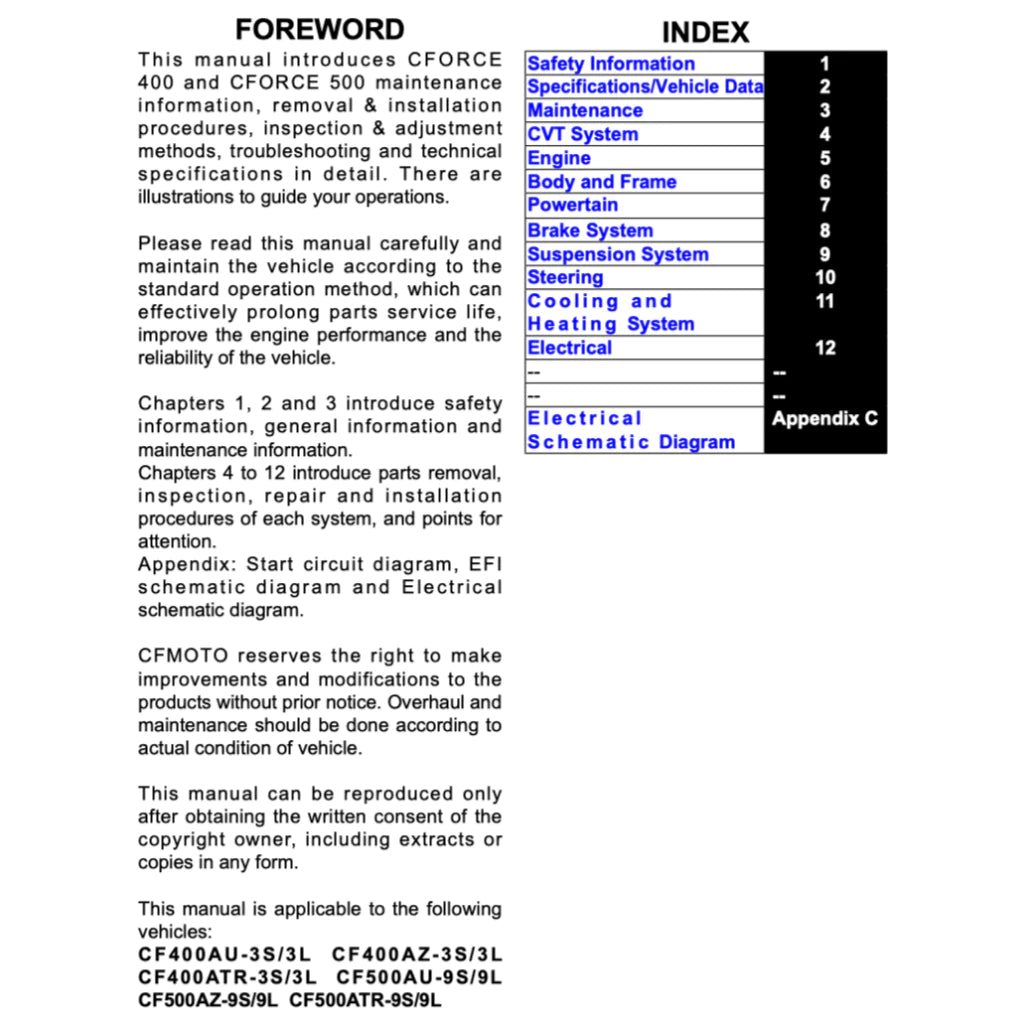 CFMOTO CFORCE TOURING/L 400/450/500/520 (2022-2023) ATV SERVICE WORKSHOP MANUAL + OWNER'S MANUAL