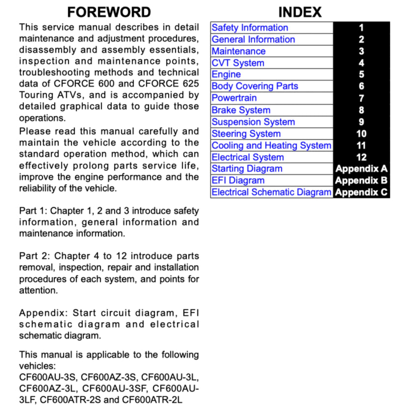 CFMOTO CFORCE TOURING 600/625 (2025+) ATV SERVICE WORKSHOP MANUAL + OWNER'S MANUAL