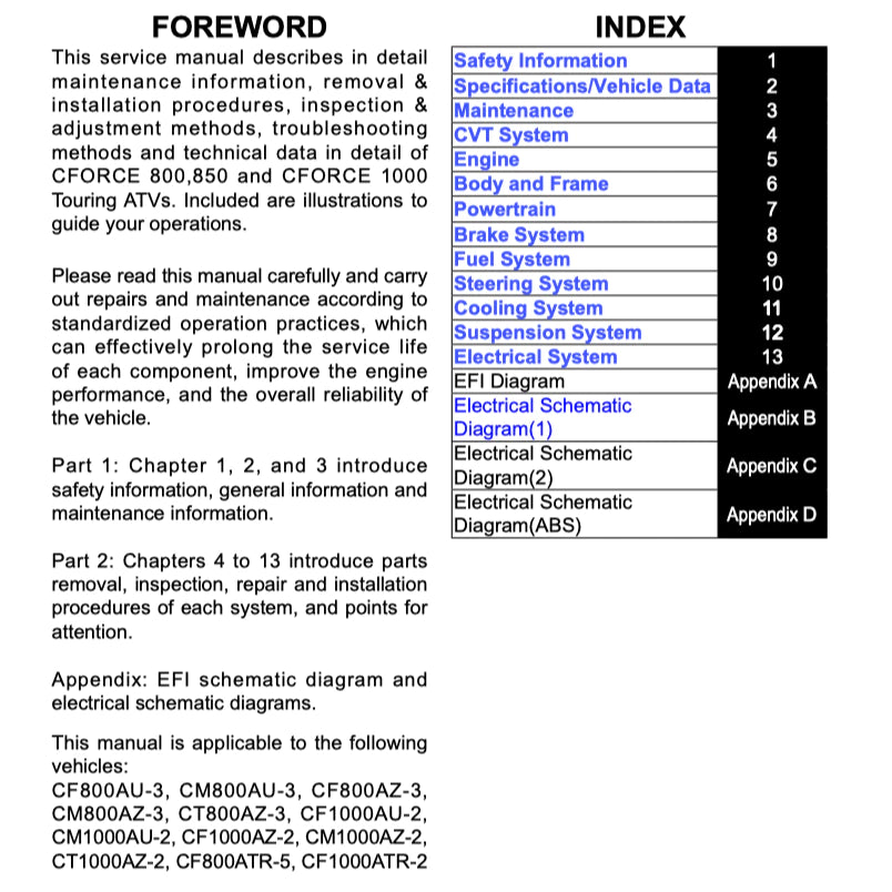 CFMOTO CFORCE TOURING 800/850/1000 (2024+) ATV SERVICE WORKSHOP MANUAL + OWNER'S MANUAL