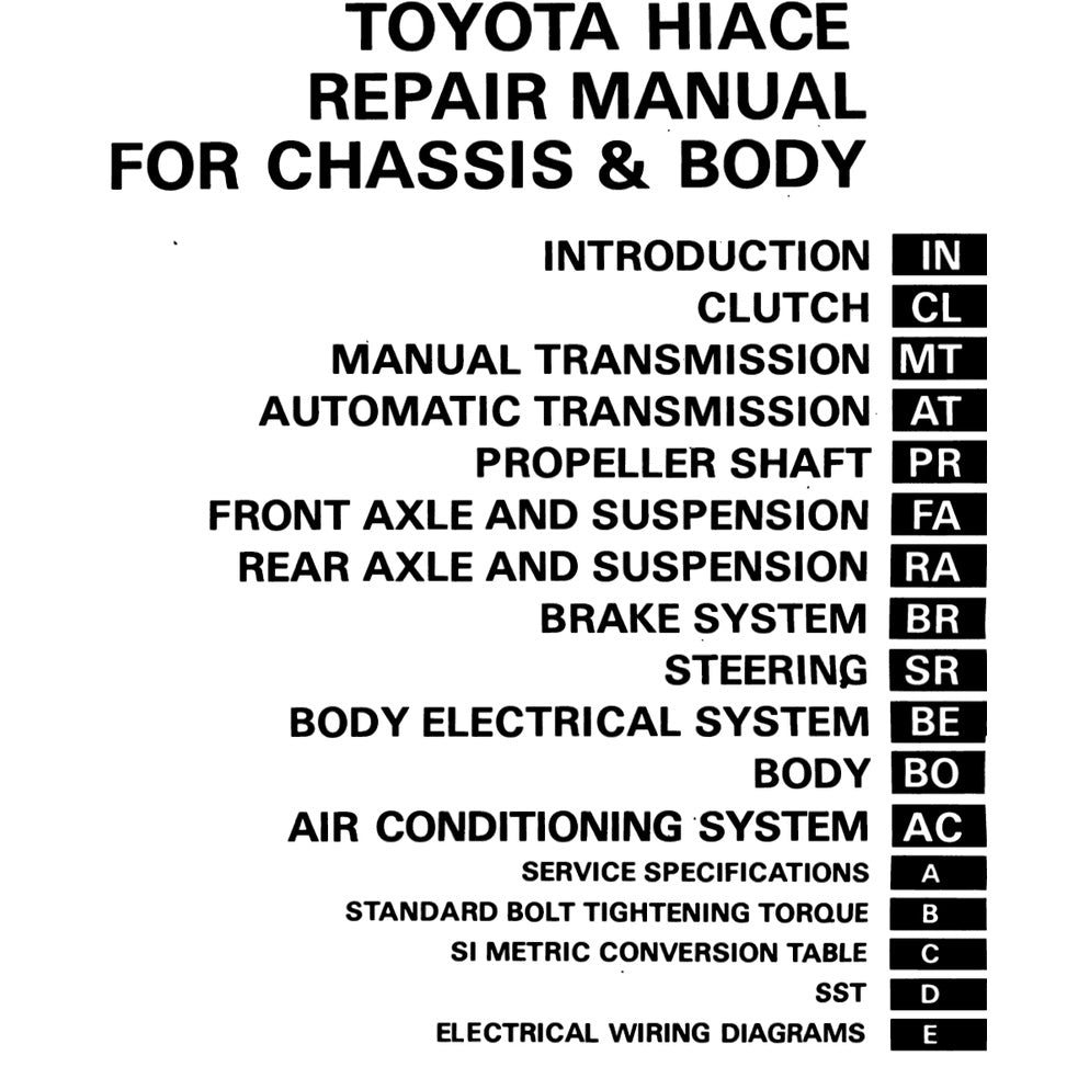 TOYOTA HIACE H50/60/70 (1982-2007) SERVICE WORKSHOP MANUAL